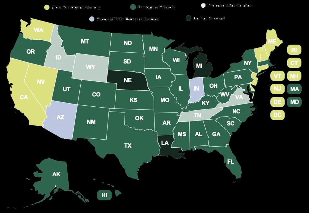 Map of surrogacy considerations across the United States
